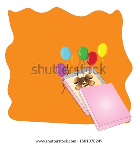 A pink gift box with a golden bow inside With balloons floating in various colors on an orange background
