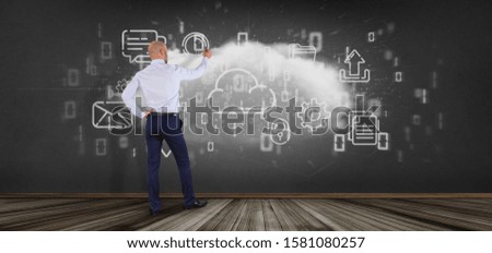 View of a Businessman in front of a  Cloud of multimedia icon 3d rendering