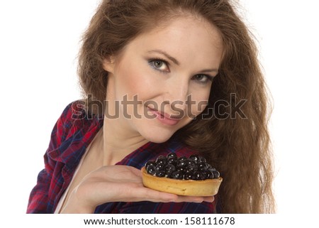Country stile woman with cake, isolated