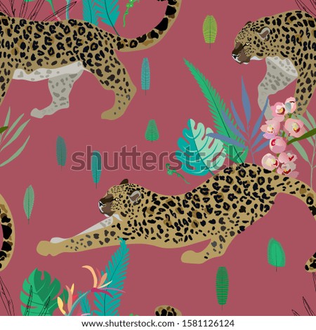 Two leopards on a red background seamless vector illustration. Picture with exotic african animals.Flowers and leaves palm trees. Endless pattern. EPS 10
