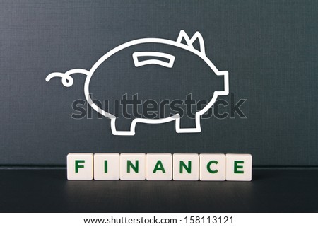 Finance word in letters and sketch of piggy bank.