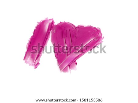 smears of pink lipstick concept I love you in letter I and heart shape on white background, isolated