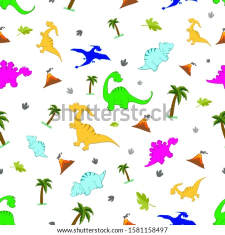 Pattern of multi-colored dinosaurs on the background of volcanoes and palm trees.