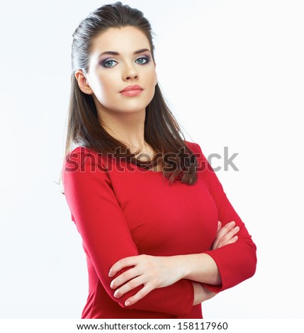 Momain red dress portrait. Young female model.