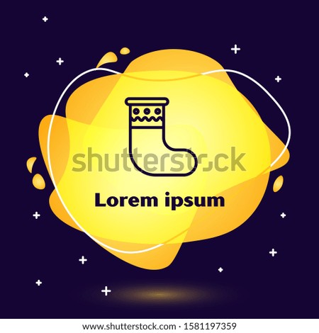 Black line Christmas stocking icon isolated on blue background. Merry Christmas and Happy New Year. Abstract banner with liquid shapes. Vector Illustration