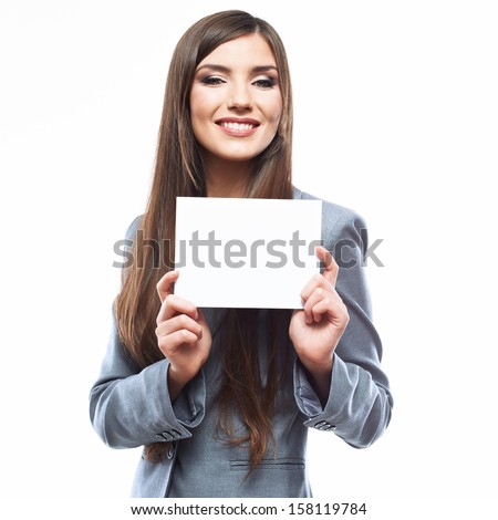 Tooth smile business woman hold banner, white background  portrait. Female business model. Smiling girl isolated.