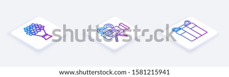 Set Isometric line Bouquet of flowers, Cinema camera and Gift box. White square button. Vector