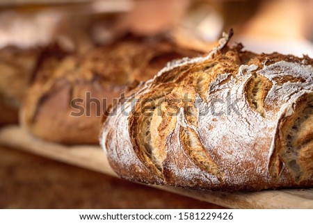 Round bread close-up. Freshly baked sourdough bread with a golden crust on bakery shelves. Baker shop context with delicious bread. Pastry items. Royalty-Free Stock Photo #1581229426