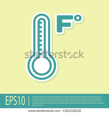 Green Meteorology thermometer measuring heat and cold icon isolated on yellow background. Temperature Fahrenheit.  Vector Illustration