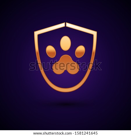 Gold Animal health insurance icon isolated on dark blue background. Pet protection icon. Dog or cat paw print.  Vector Illustration