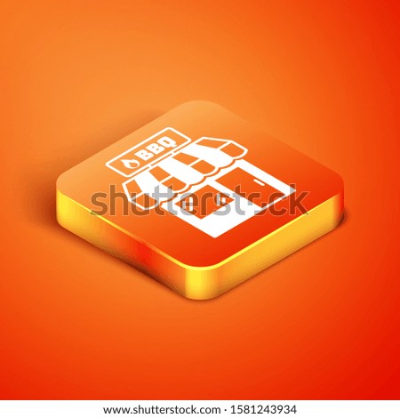 Isometric Barbecue shopping building or market store icon isolated on orange background. BBQ grill party. Shop construction.  Vector Illustration