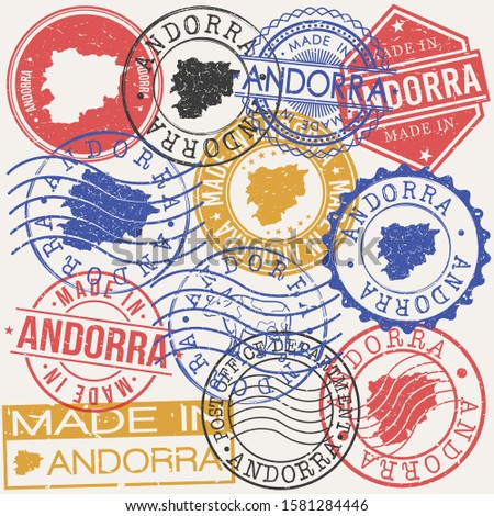 Andorra Set of Stamps. Travel Passport Stamp. Made In Product. Design Seals Old Style Insignia. Icon Clip Art Vector.