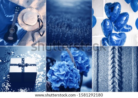 Collage toned in blue trendy color 2020. Inspiration pictures.