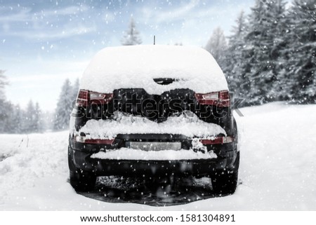 Winter car of snow and free space for your decoration. Road in mountains and landscape of forest. 