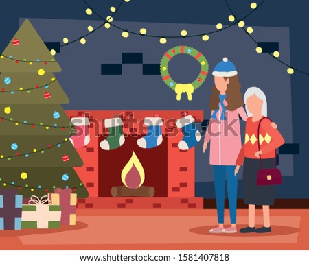 cute grandmother with daughter in room christmas decorated vector illustration design