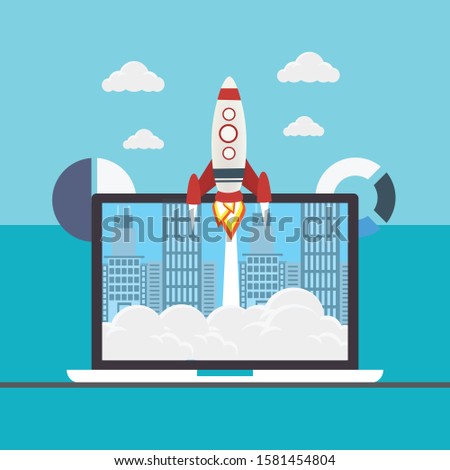 Successful startup business concept. Flat vector illustration with rocket launch and cloud, sun, city skyscrapers and laptop on the background.
