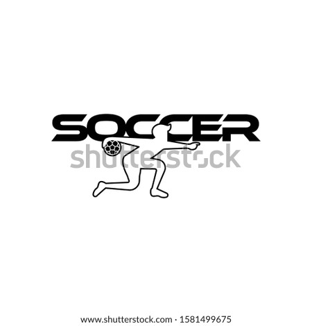 Soccer or football vector illustration. Sport Logo with soccer text and soccer player figure isolated on white background. Vector design template for soccer championship or competition design element.