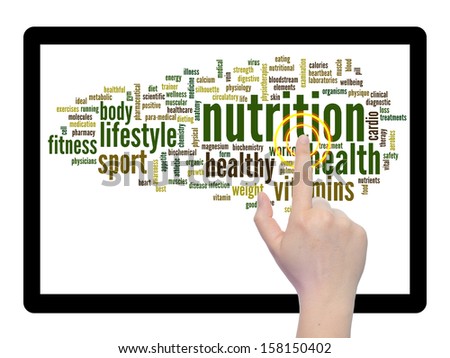 Concept or conceptual abstract word cloud with a hand on touch screen on white background as metaphor for health,nutrition,diet,wellness,body,energy,medical,fitness,medical,gym,medicine,sport or heart