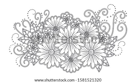 Zentangle flowers. Floral Hand drawn Illustration in black and white. Antistress Coloring Book Page. Doodle Line Style. Narure Flower with leaves and branches. Zen art For print