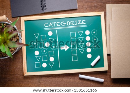 Text and symbol of Categorize the geometry shape on chalkboard on the desk