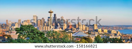Seattle skyline panorama at sunset as seen from Kerry Park, Seattle, WA Royalty-Free Stock Photo #158166821