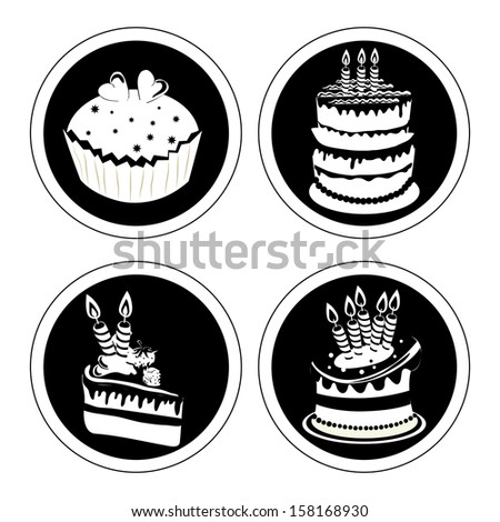 four white silhouettes of some dessert in black circles