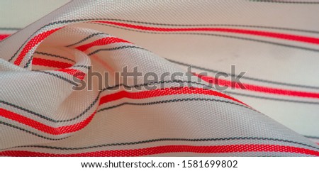 textured pattern, composite textile, dense silk fabric, white with red and gray lines, dash on fabric, narrow stripe. feature, line, stroke, dash, trace,