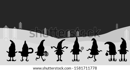 Fantastic gnomes silhouettes.Horizontal banner.Isolated vector illustration.