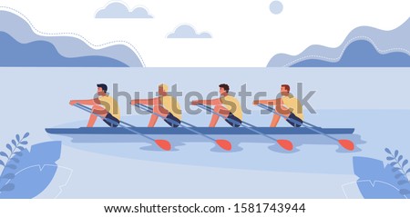 Four athletes swim on a boat. The concept of rowing competitions. Vector illustration, cartoon style. Royalty-Free Stock Photo #1581743944
