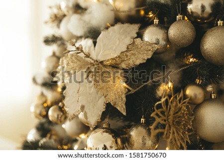 Decorated Christmas tree golden style. Christmas Background