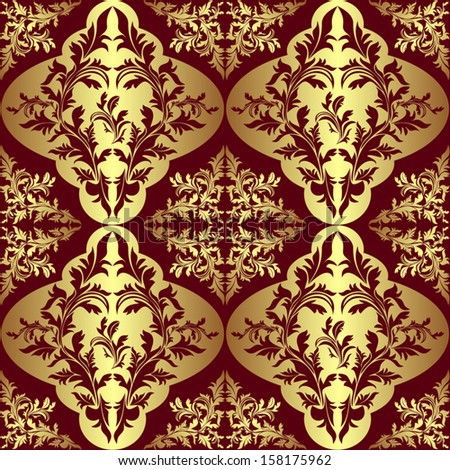 Golden seamless floral Pattern on a dark red background.