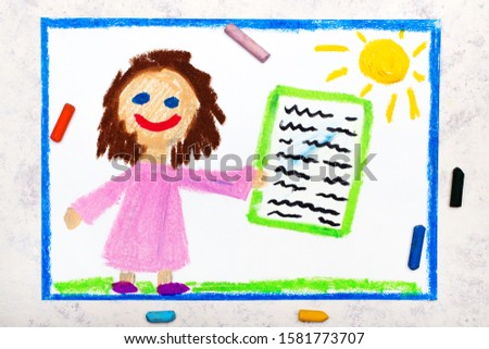 Photo of colorful drawing: Young smiling girl with sheet of paper: document, letter, notes, homework, diploma and other 