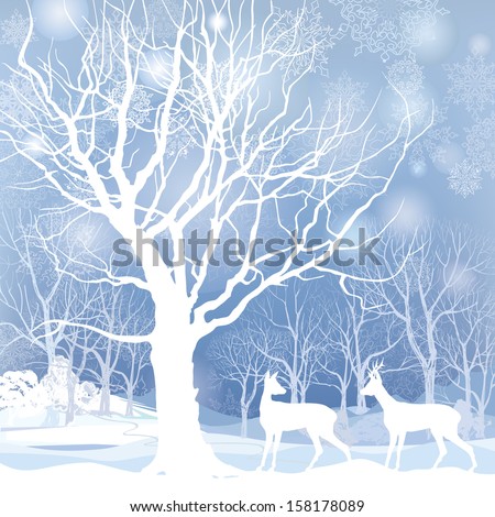 Snow winter landscape with two deers. Abstract vector illustration of winter forest. Snow winter background. Royalty-Free Stock Photo #158178089