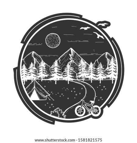 Vector illustration of wildlife nature fir tree forest landscape with camping tent and bicycle in front. Hand drawn modern vintage style.