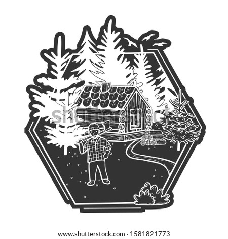 Vector illustration of wildlife nature fir tree forest landscape with wooden hut house and firewood stack. Lumberjack with ax. Hand drawn modern vintage style.