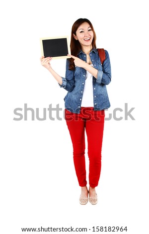 Portrait of young Asian student with a sign board, isolated on white background