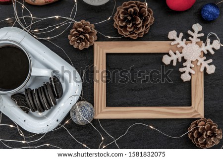 Christmas decoration with Empty wooden frame for work about design element.  Selective focus, Top view, copy space