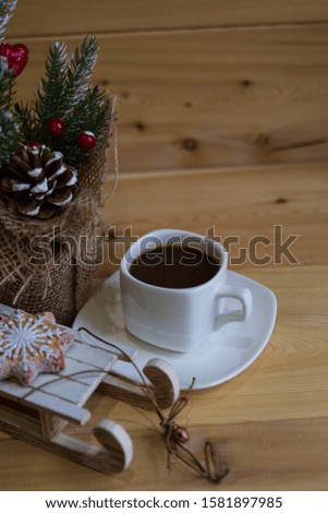 Good morning! New year! Cup of coffee. Christmas tree. Holiday.