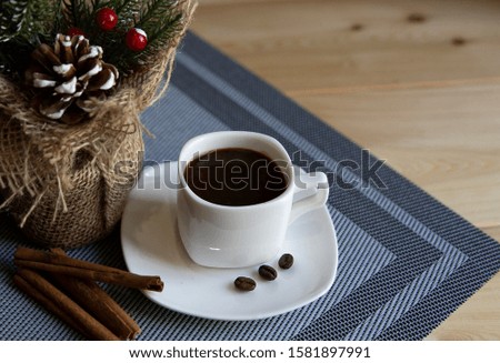 Good morning! New year! Cup of coffee. Christmas tree. Holiday.