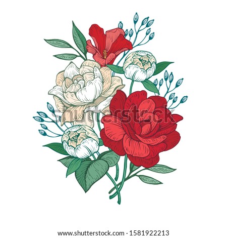 Graphic bouquet of flowers for the design of postcards and posters. Vector illustration isolated on a white background.