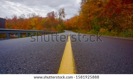 Photo of side road leading into a conservation area forest in the fall in Ottawa, Canada. Shot on a SONY NEX-7. Straight view of road, yellow line centered.