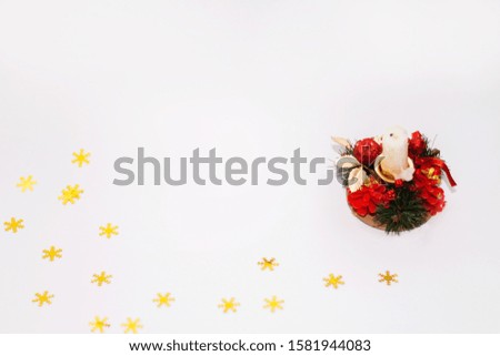 Christmas candle on white background, yellow stars, Christmas