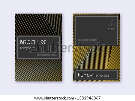 Black cover design template set. Gold abstract lines on black background. Alluring cover design. Actual catalog, poster, book template etc.