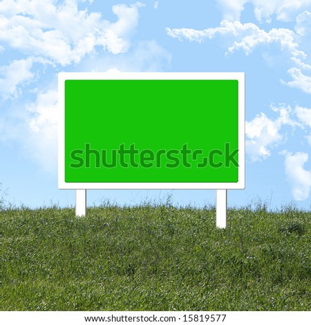 Empty green road sign on a grassy hill with space for copy
