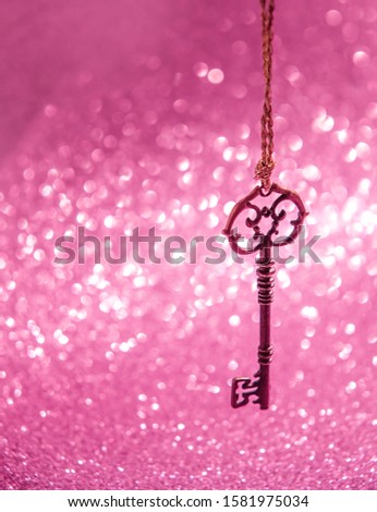 vintage golden key on glittering pink abstract background. mysterious beautiful image. Secret love, key of happiness, Valentines day concept. copy space