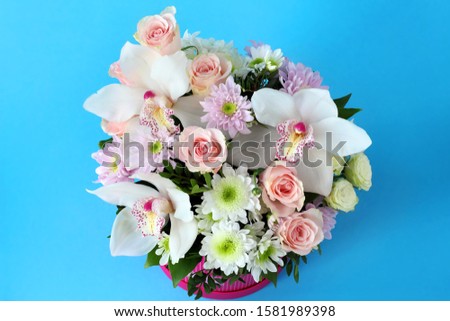 round hat box with flowers: white roses, pink roses, white chrysanthemums, pink chrysanthemums, white orchids close-up with blue background, as a background, as a gift.