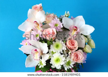 delicate bouquet of flowers in a round box. fresh flowers in a hatbox close-up on a blue background. white Orchid, pink rose, white chrysanthemum, white rose, pink chrysanthemum