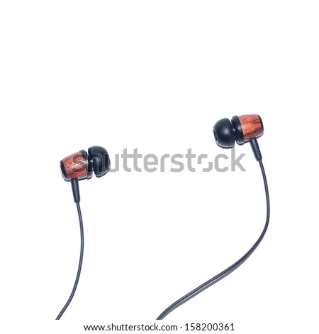 Wooden earphone isolated on white, In-ear style