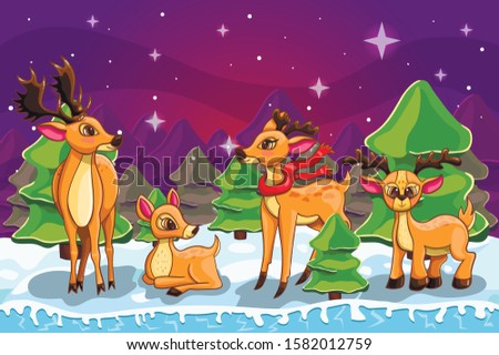 Winter landscape with christmas tree and deer family. Merry Christmas cute illustration.