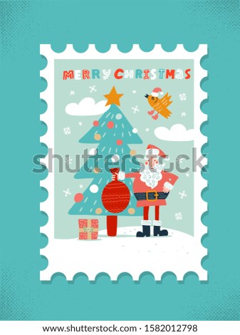Large Postage stamp greeting card of colorful Christmas. Santa with red bag and xmas tree. flat hand drawn illustration